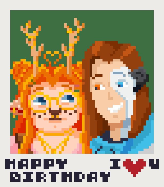 A polaroid-styled pixel art rendition of fif and daed taking a selfie. The bottom of the white box reads "Happy Birthday" and "I love you"