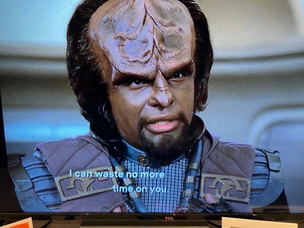 Lieutenant Worf of the USS Enterprise continues, saying, “Die in ignorance. I can waste no more time on you.”