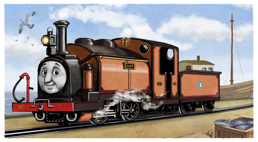 Thomas and friends fan art. Duke, a brown narrow-gauge engine sat at the edge of docks. Sea, a gull and small boat behind him. 