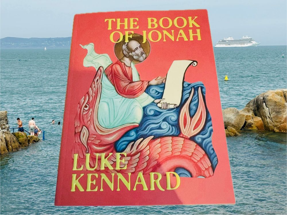 A big superimposed copy of Luke’s book, The Book of Jonah, “emerges” from the sea.