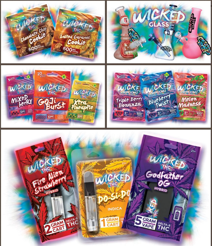 Myriad products under the Wicked THC brand - pouches of multiple sizes, glassware product branding, blister packaging