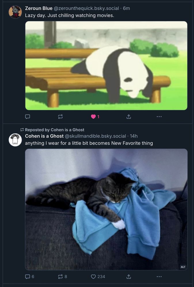 panda and cat both laying on structures draped over them lackadaisically 