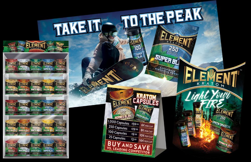 Branding, packaging, marketing, POS, and more for Element Kratom