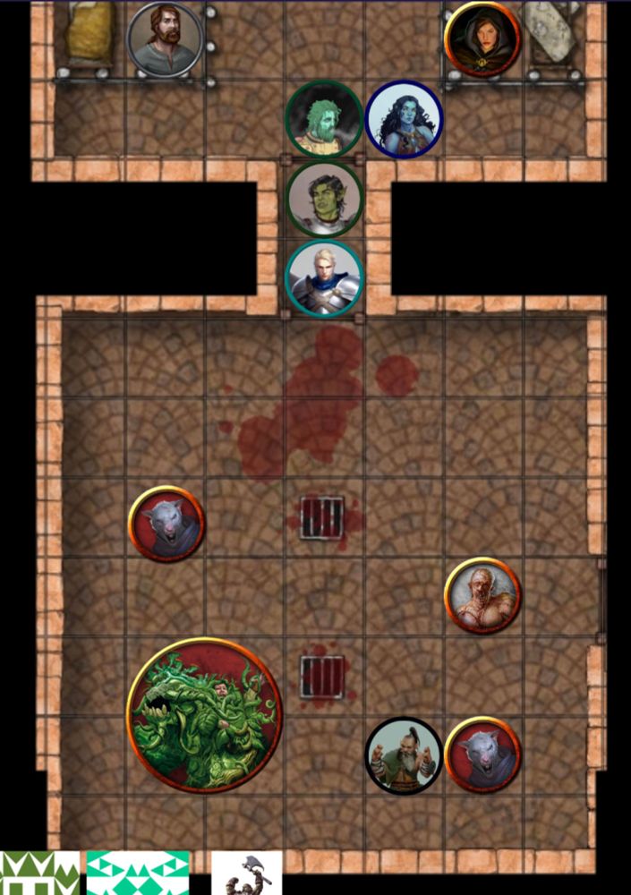 Dungeons & Dragons party at the top of a prison dungeon progressing south into a chamber with a giant shambling mound, two were-rats, and some sort of Frankenstein's Monster sorta dude