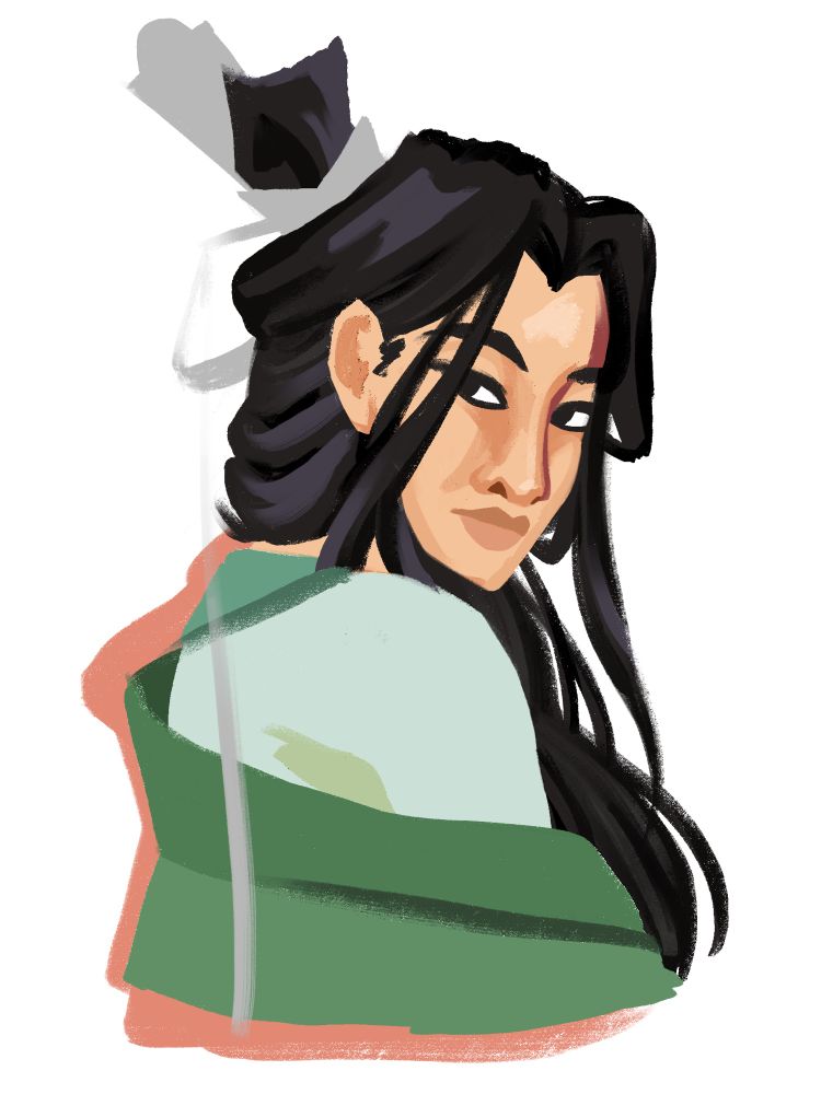 fanart of shen qingqiu from the scum villain's self-saving system. he's looking over his shoulder and has a subtle smile. his green outer robe is slipping off his right shoulder.