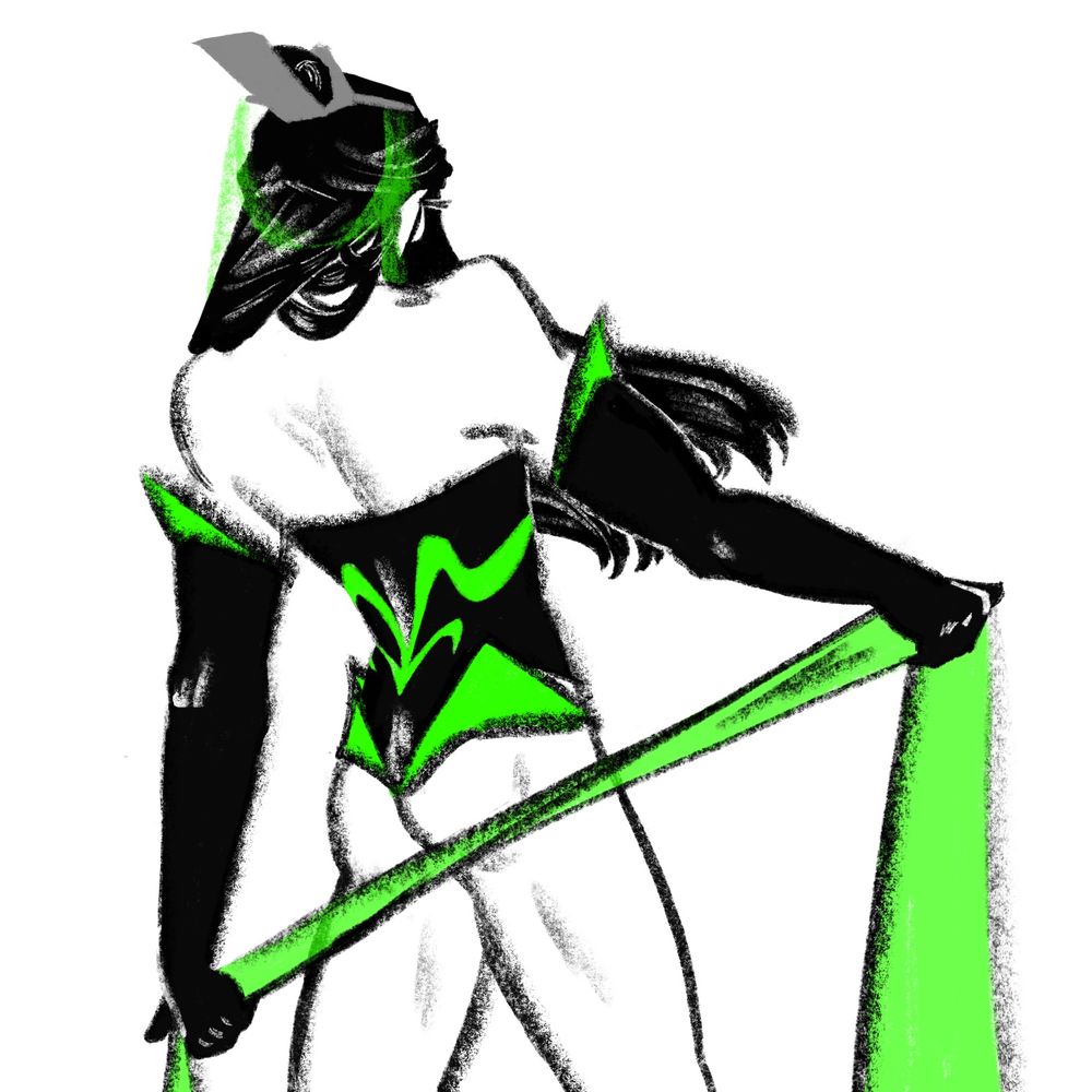 fanart of shen qingqiu facing away with his back visible, pulling a green ribbon taut behind him. he is in a black bodysuit with flowing green markings and a green material flaring out around the hips, and long black gloves with green material along the top.