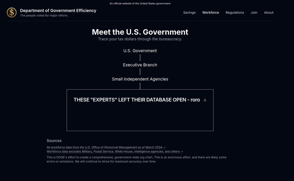 A screen shot of doge.gov website containing a section with the text "these experts left this database open"