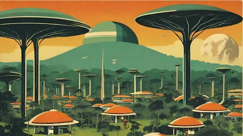 Members of the collective worked together with AI to produce images of what an imagined future Nairobi could look like. This image shows mushroom like buildings towering over a set of similar but smaller structures.