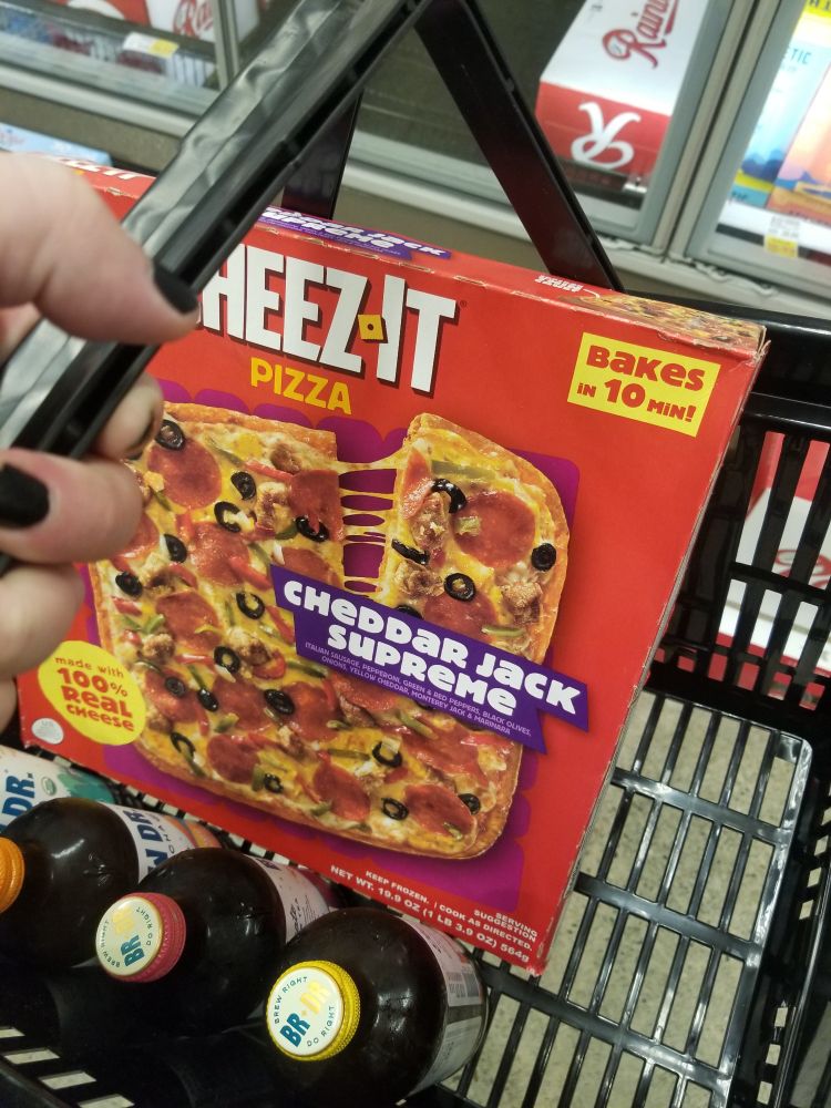 the cheez it pizza, some kombucha, and a not pictured blackberry white claw 