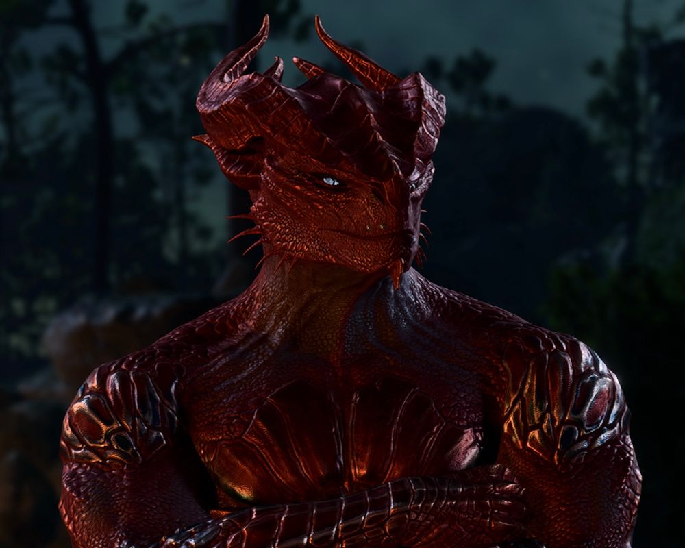 Image of a red female dragonborn standing with her arms crossed while she glares menacingly. 