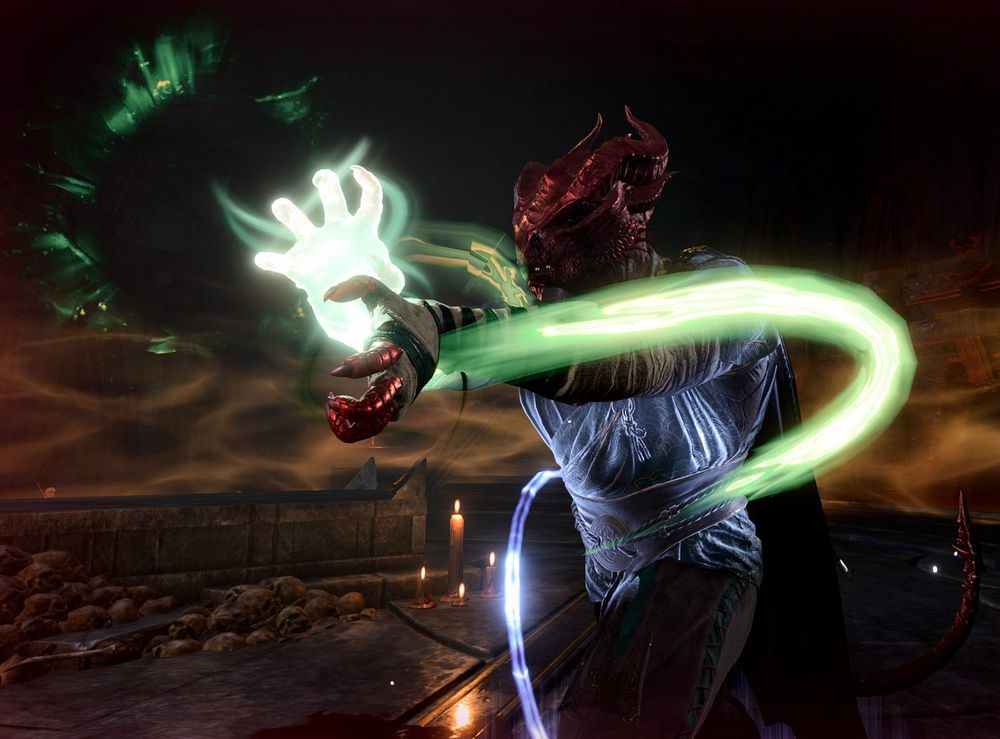 Image of a red-scaled dragonborn woman in monastic garb, with green light trails following a forward, outstretched motion of the arms. 