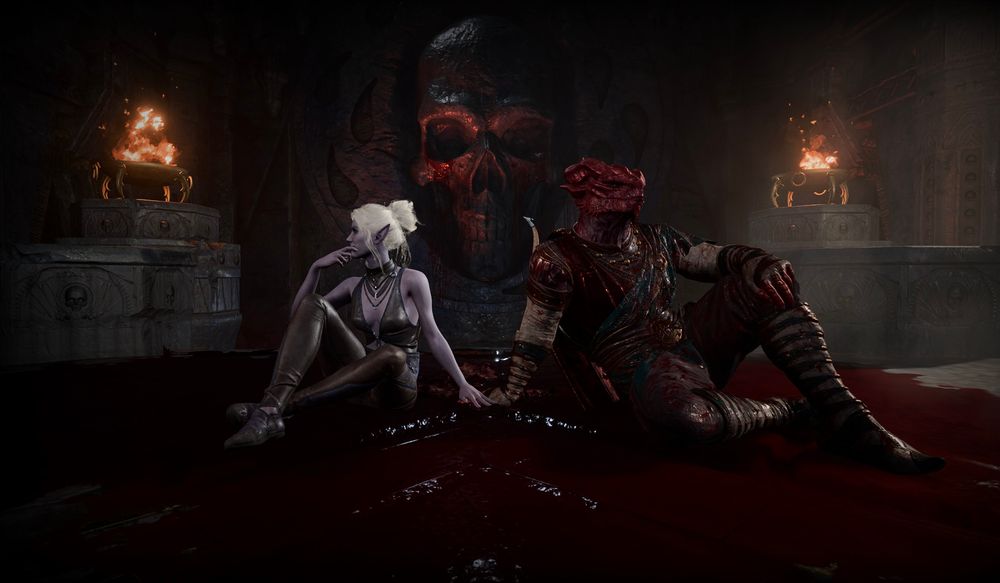 Image of Minthara and a female dragonborn dark urge sitting side by side in a pool of blood before the avatar of Bhaal. 