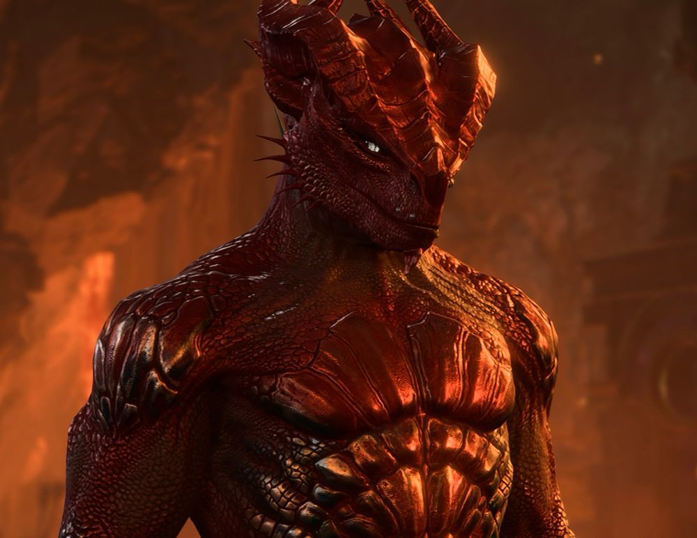 Image of a tall, muscular, female dragonborn with red scales and a menacing glare.