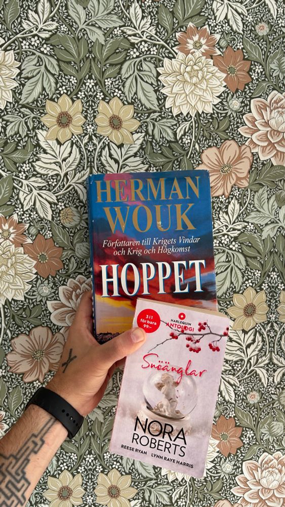 En hand som håller i böckerna "Hoppet" av Herman Wouk och "Snöänglar" av Nora Roberts, Reese Ryan och Lynn Raye Harris.