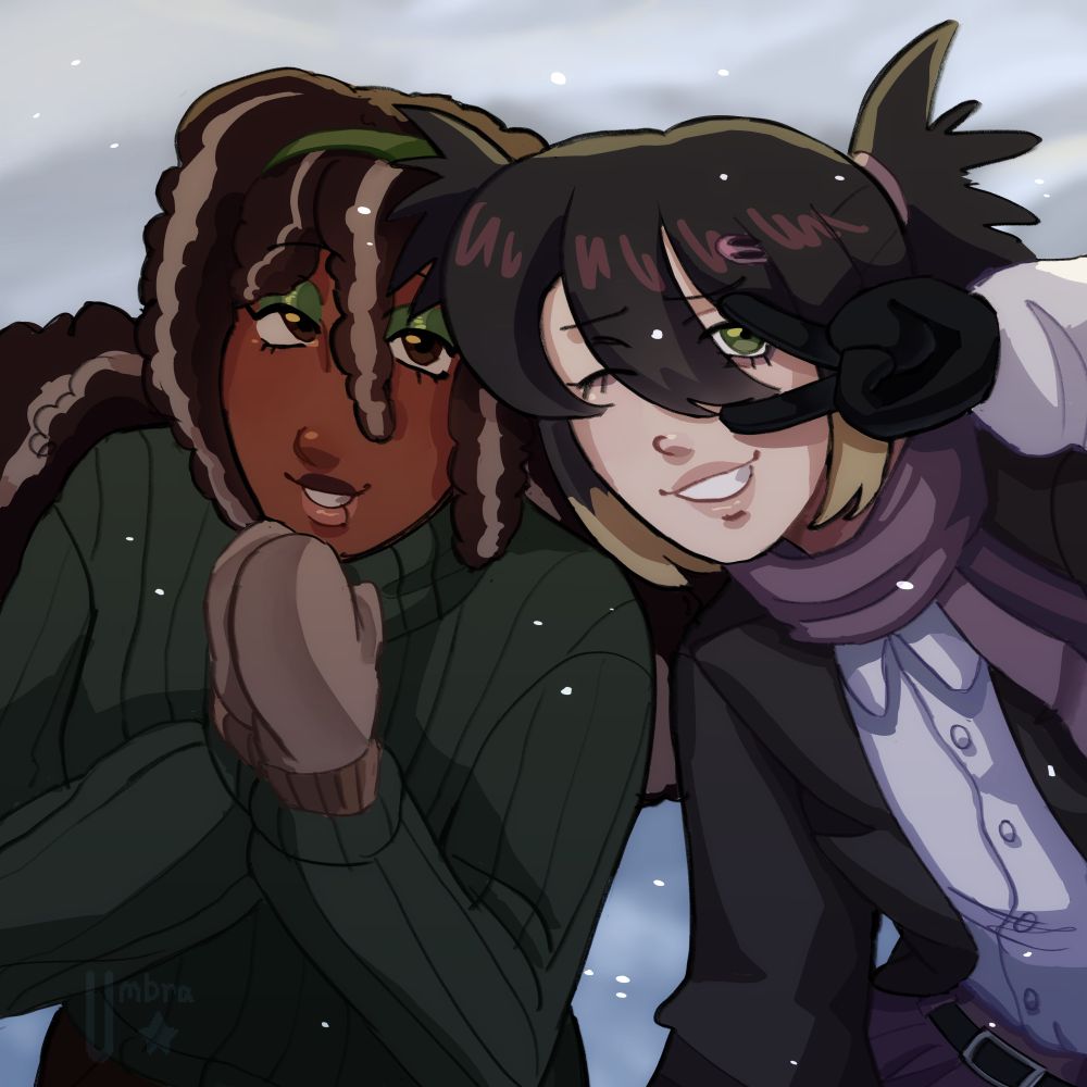 My OCs in the snow huddled up together, the girl on right is winking and has a peace sign up, and the other on the left has her hands under her chin with a smile on her face.
