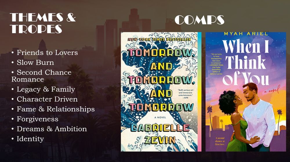 A list of tropes and themes such as Friends to lovers, idenity, dreams & ambition etc. Comp titles are Tommorrow and Tomorrow and Tomorrow by Gabrielle Zevin and When I Think of You by Myah Ariel.
