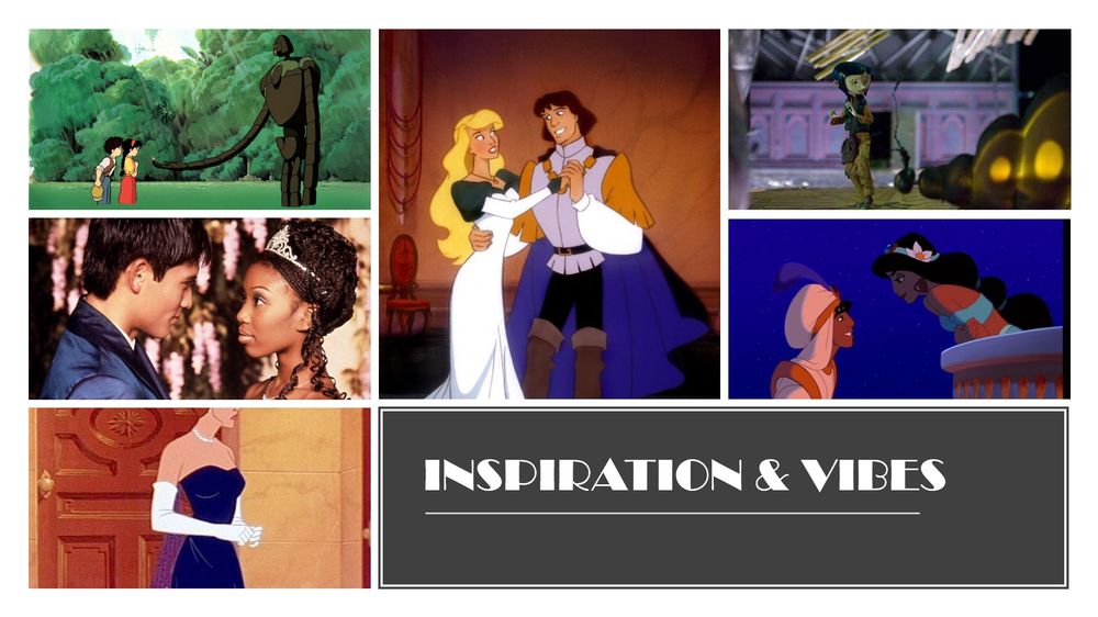collection of images from animated, and live action movies: Castle in the sky, aladdin, coraline, Cinderella, Anastasia and Swan Princess