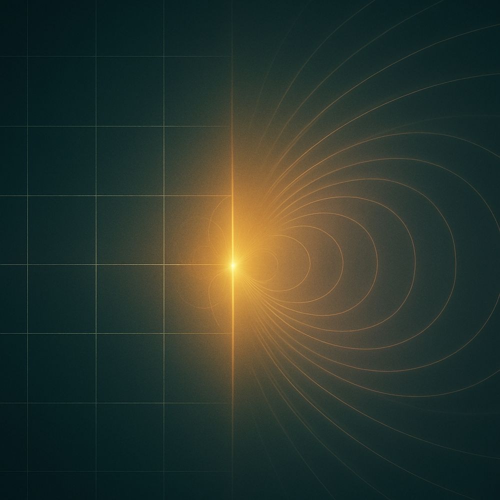 Abstract digital artwork divided into two halves on a deep teal background. The left side features a faint geometric grid with small glowing points, while the right side is dominated by soft concentric arcs radiating outward in warm pink and gold tones. At the center seam, a glowing golden vertical line and a faint flower-like symmetry connect the structured grid to the flowing arcs, symbolizing clarity transforming into rhythm. Concept & design co-created with AI (ChatGPT, OpenAI) under The Ratchet Sage™ creative direction. © Ebony L. Green / Authentic Distinction™