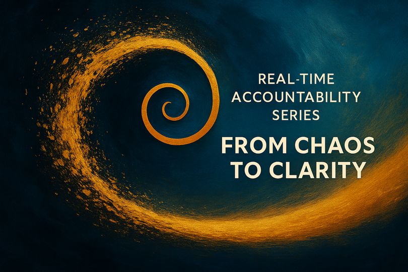 Dark blue background with a golden bronze spiral swirl. Text on the right reads: REAL-TIME ACCOUNTABILITY SERIES: FROM CHAOS TO CLARITY.  Authentic A.S.S.™ Infrastructure for Accountability is what is symbolized in this graphic. Image credit: The Ratchet Sage™ (Canva) - "From Chaos to Clarity for Reddit" under the following license: Authentic Distinction™ exclusive.