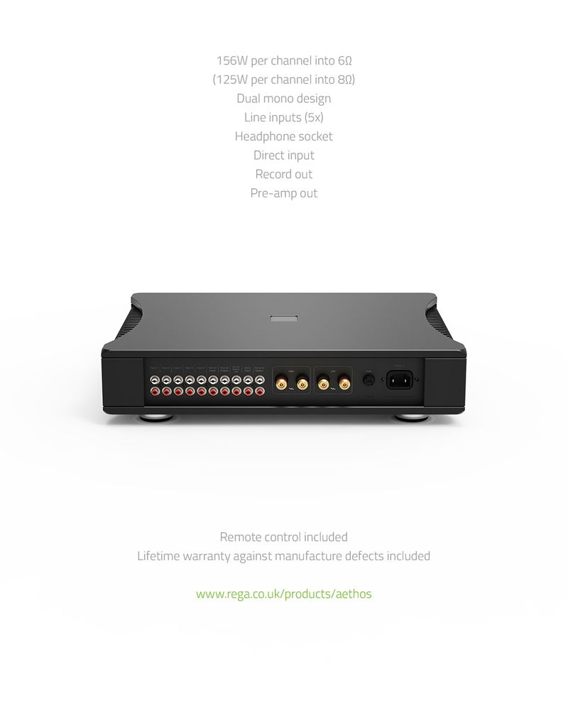 Rega Aethos Stereo Amplifier back panel view with key features. Rega Research Ltd.