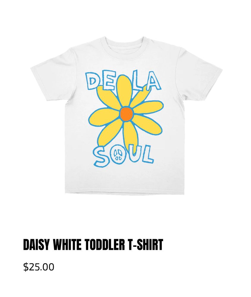 white De La Soul toddler t-shirt with a yellow daisy