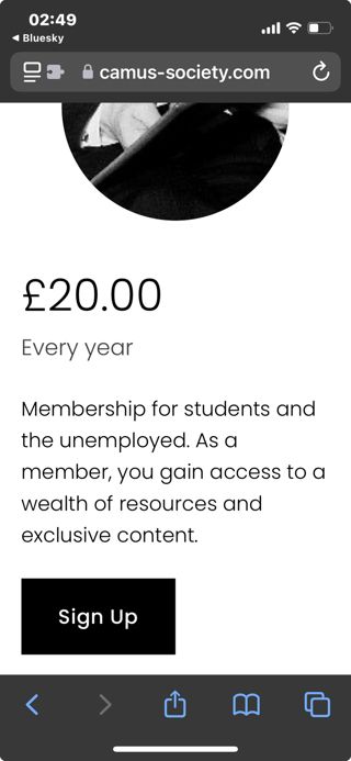 Screenshot Albert Camus Society membership page offering a discount to the unemployed and students