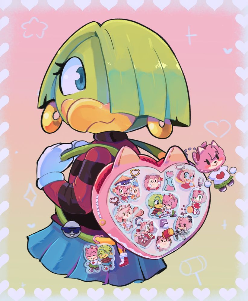 Fan art of Tekno the Canary from Sonic the Comic wearing an Amy Rose themed ita bag. There is a keychain plush of Amy attached, as well as various badges of Amy, Megadroid, Cream the Rabbit, Big the Cat and the TekAmy ship