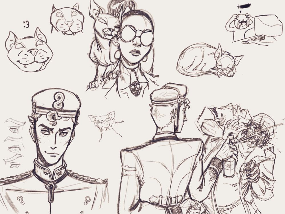 sketch page of deadlock characters, ft. calico, ava, doorman, and drifter.