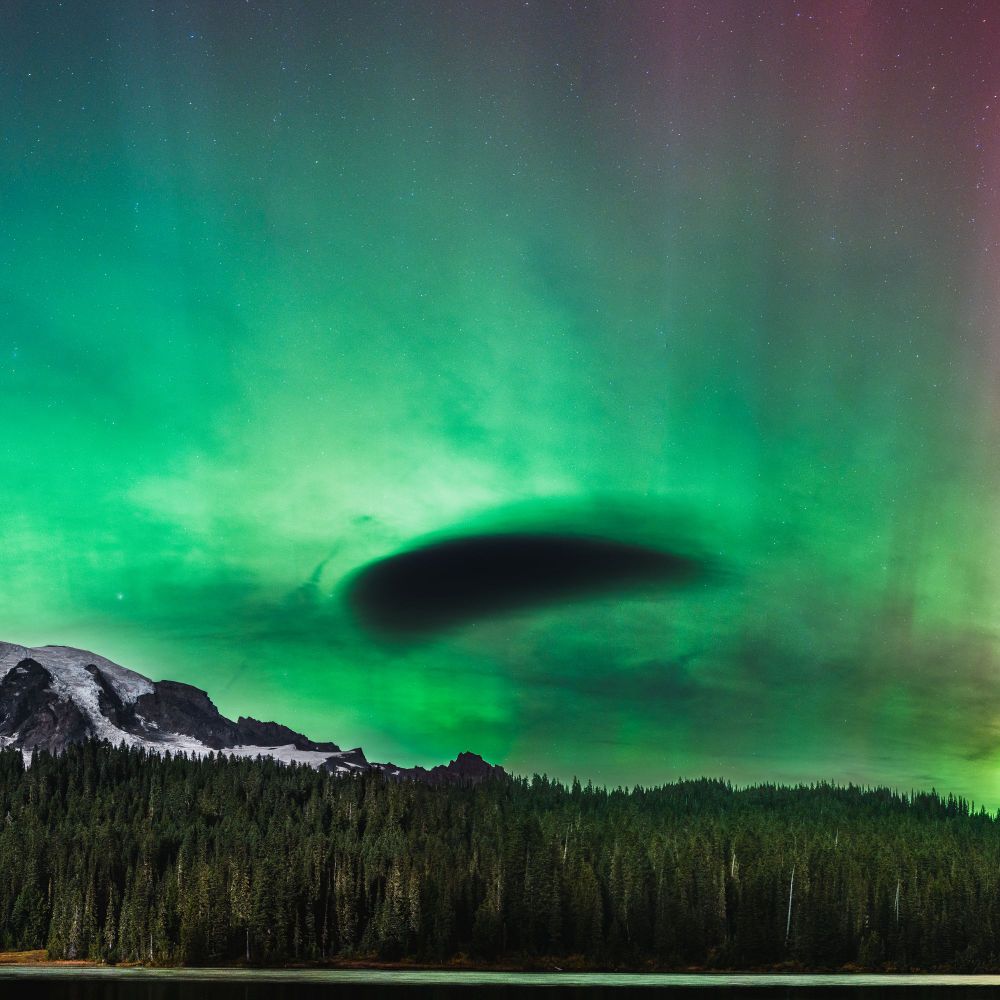 Right half of a two-panel frame showing a vibrant auroral light show over the famous outline of Tahoma (Mt. Rainier). This half of the frame features a small dark cloud and shows hints of more red-tinted aurora extending out of the bright green portion of the display near the horizon.