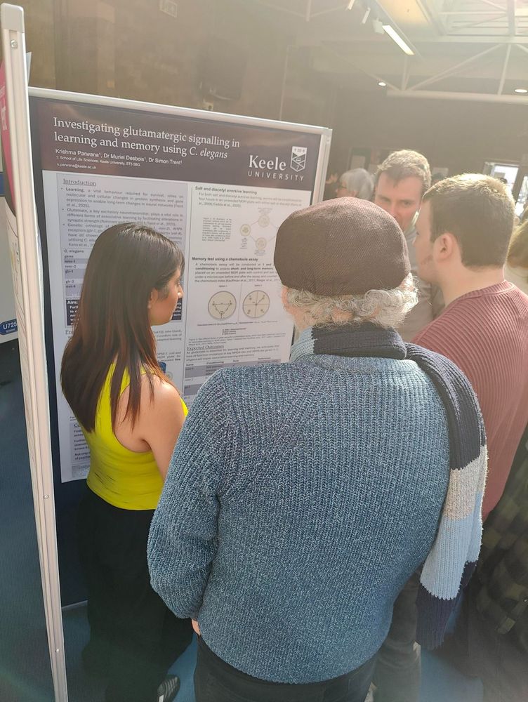 Researchers discussing scientific poster