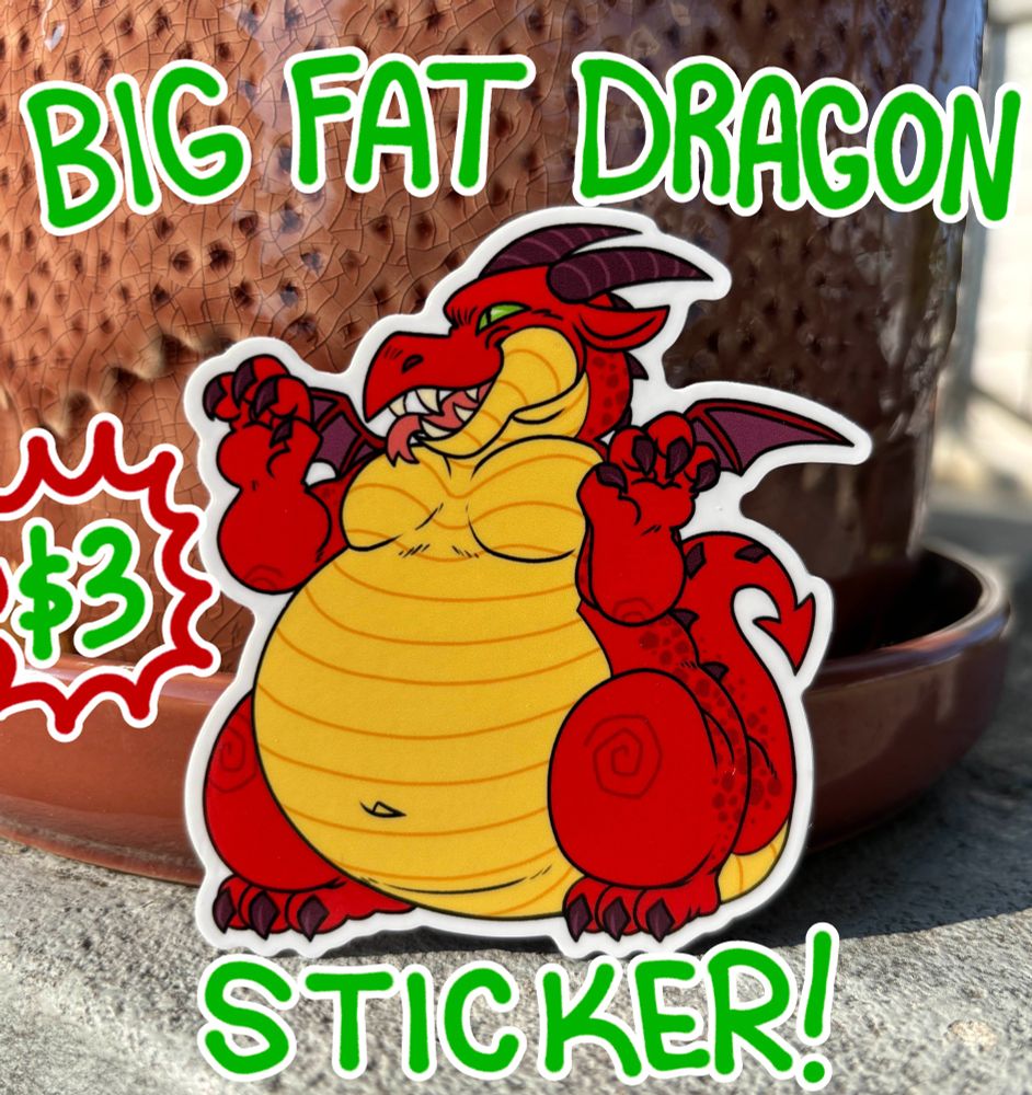 ID: Photo of a sticker featuring a fat red and yellow dragon. 