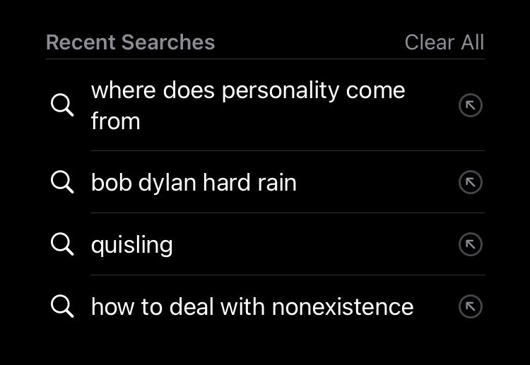 Recent searches
where does personality come from
bob dylan hard rain
quisling
how to deal with nonexistance