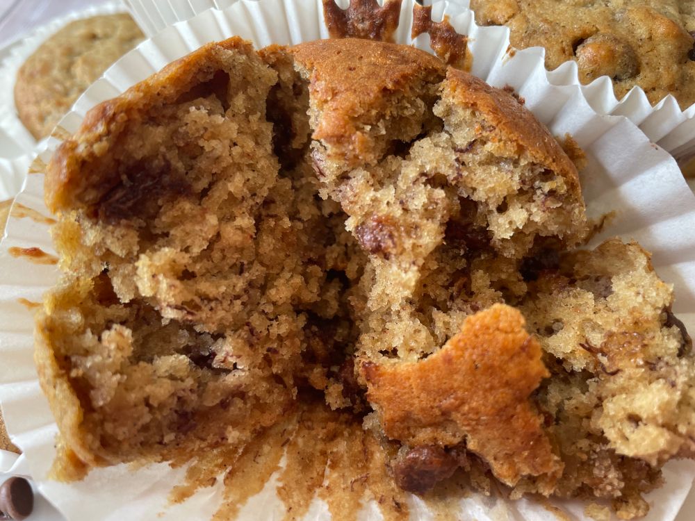 A broken moist banana chocolate chip muffin.