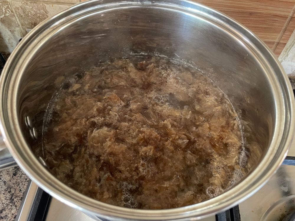 A dashi after the kombu has been removed and the katsuobushi just added.