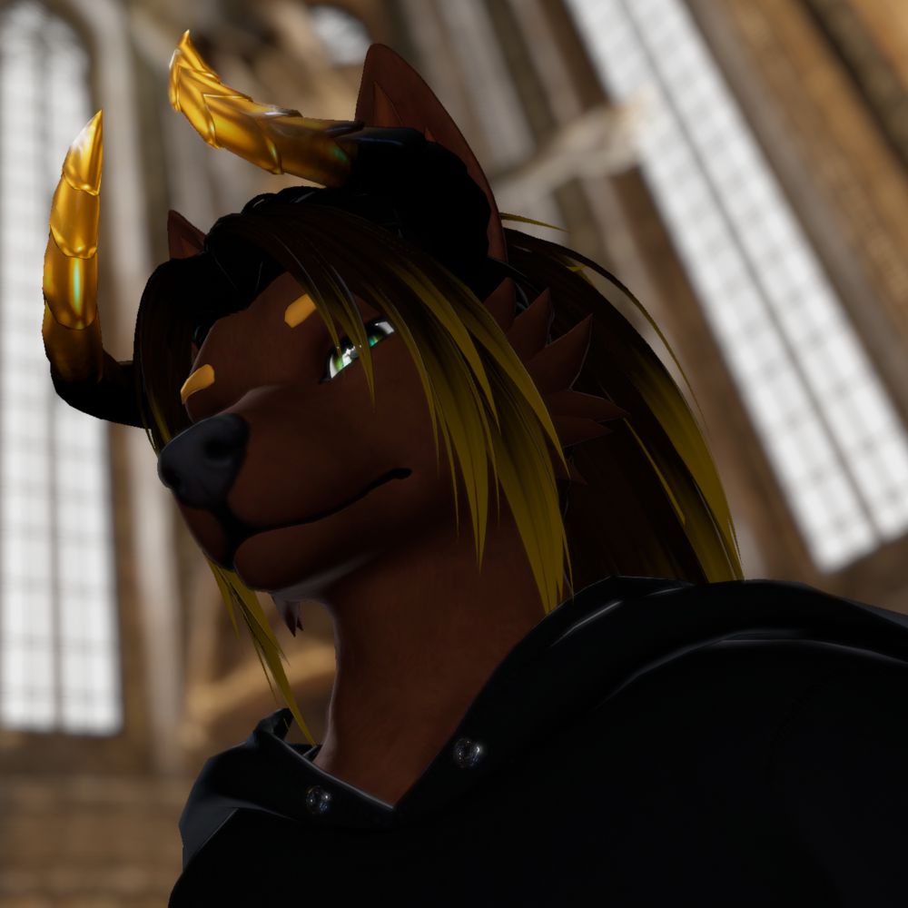 the cover art of Zenny's new single See The Day Come, brown wolf with brown and blonde tipped hair in a pony tail, black hoodie and gold horns