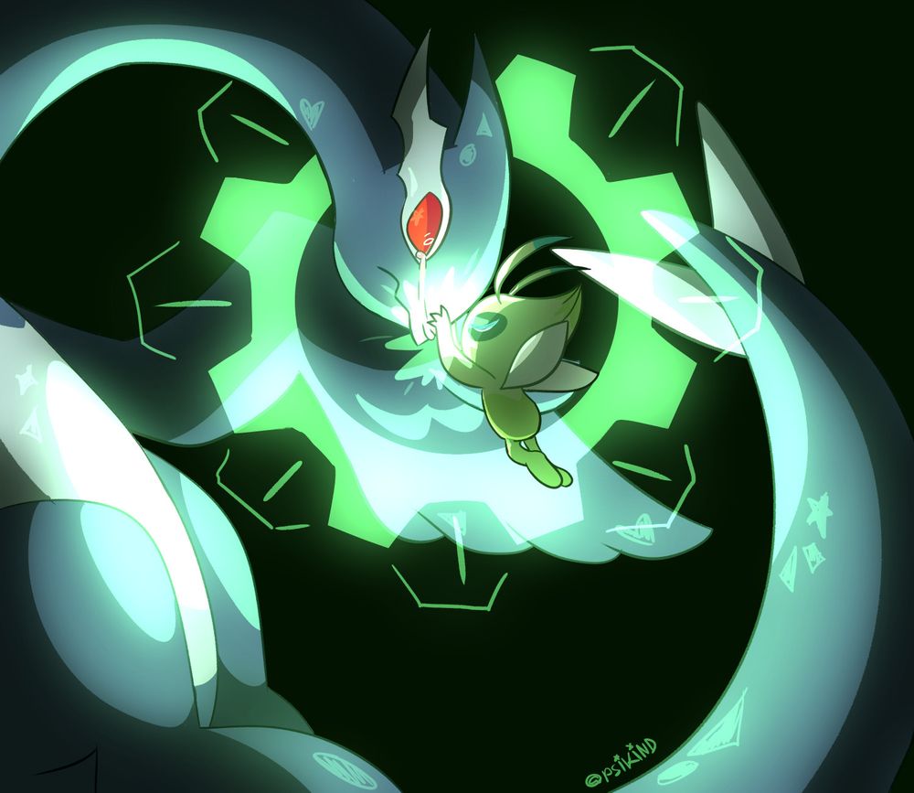 Fanart for Pokémon showing Celebi touching Shadow Lugias face, where it touch it it glows white. The background is black with a glowing neon green cog behind Shadow Lugias head and Celebi [description source: waitingforthecat on tumblr]
