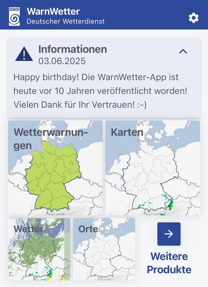 Meldung der WarnWetter-App des Deutschen Wetterdienstes über die Veröffentlichung der App vor zehn Jahren 