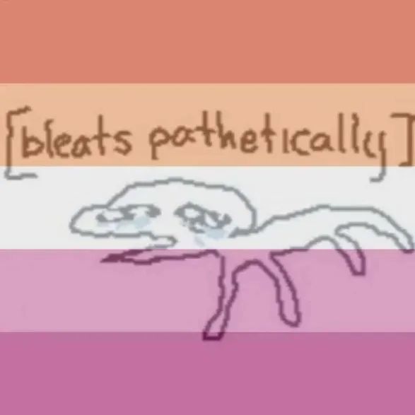 A skrunkled crudely drawn ms paint crying gremlin creature with tears in its eyes and it's mouth open and the text "[bleats pathetically]" above it with the lesbian flag colours over it all.