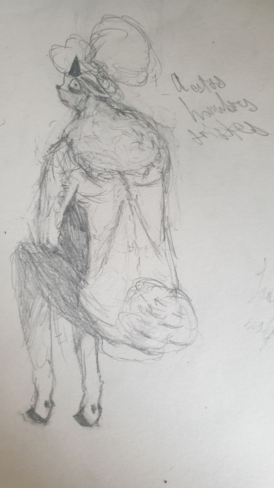 Lanolin the sheep sitting with her back turned, while turning her hesd towards us. Her face is exhausted and her eyes are sorry. Her wool is a complete mess. Her back is muscular but thin as well, her spine semi visible. Her lowe body is cast in a dark shadow save for her hooves, her arms pointed down, joining that shadow. Although her upper arms and somewhat wide shoulders remain visible, exposing small scars from muscles being stretched. To the right of her, reads "A estos hombres tristes".