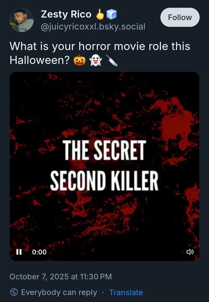 A post saying "What is your movie role this Halloween". The gif stopped on "The second killer"