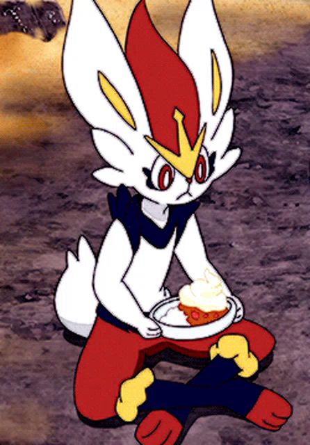 a cartoon rabbit is sitting on the ground holding a piece of cake