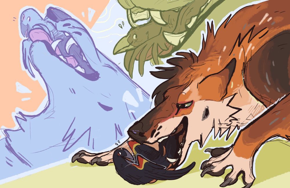 An Anthropomorphized coyote playfully swallow an Anthropomorphized red winged blackbird, while the blackbird seems bashful and coy about it happening.