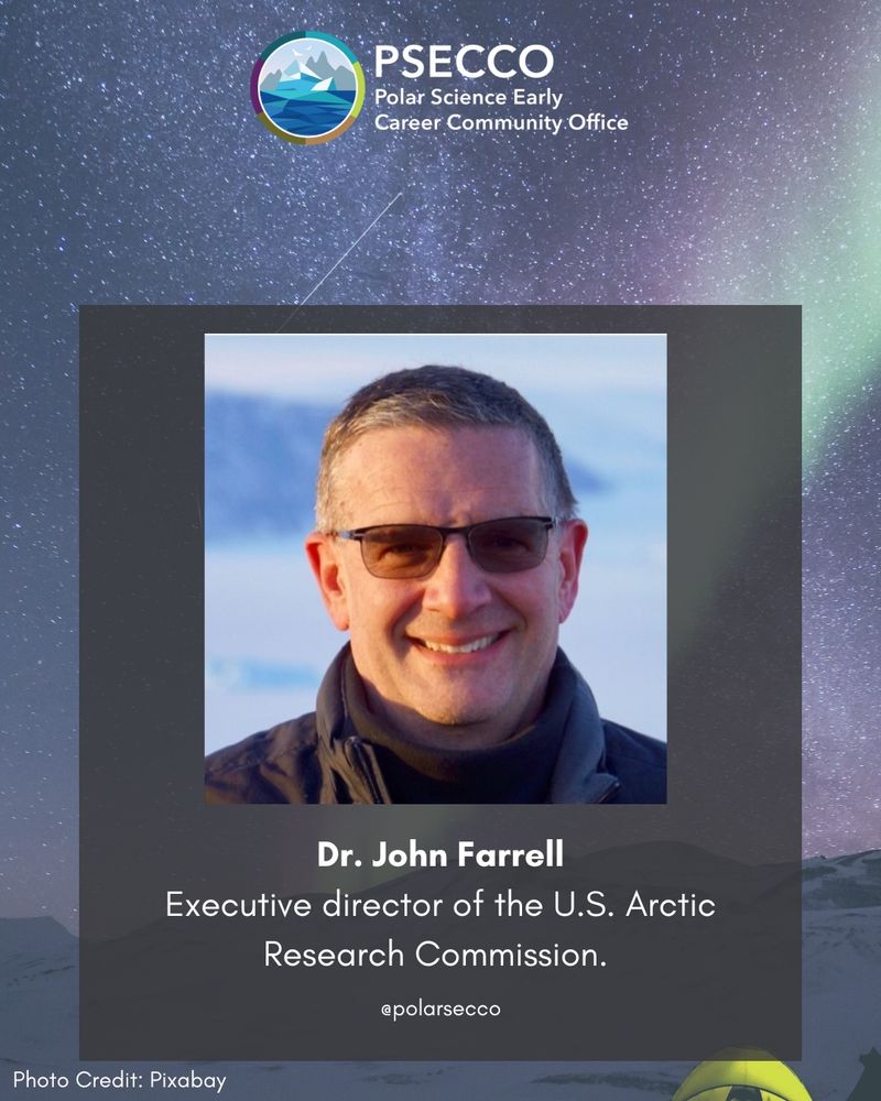 Image 2 (panelist):
 Panelist spotlight for Dr. John Farrell, executive director of the U.S. Arctic Research Commission. Polar background with starry sky.