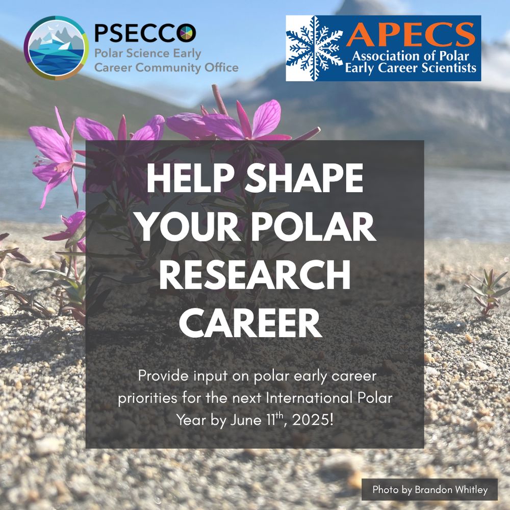 PSECCO and APECS logos at the top, on top of a slightly transparent image of fireweed in the Arctic. Text on the image says 'help shape your polar research career;  Provide input on polar early career priorities for the next International Polar Year by June 11th, 2025!' Photo credit: Brandon Whitley
