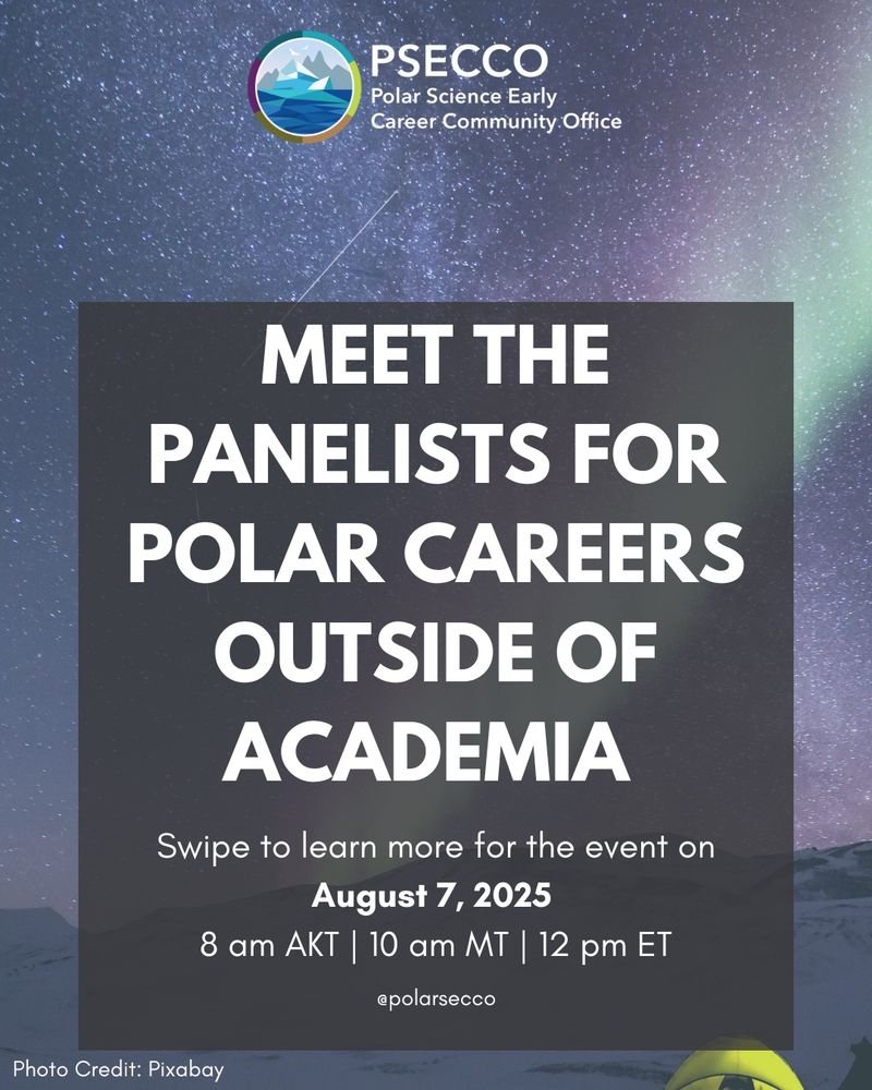 Learn about the panelists who will be sharing their experiences with polar careers outside academia on August 7th! Find the registration link in our bio and be sure to submit any questions you may have for the panelists before the event! Hope to see you there!