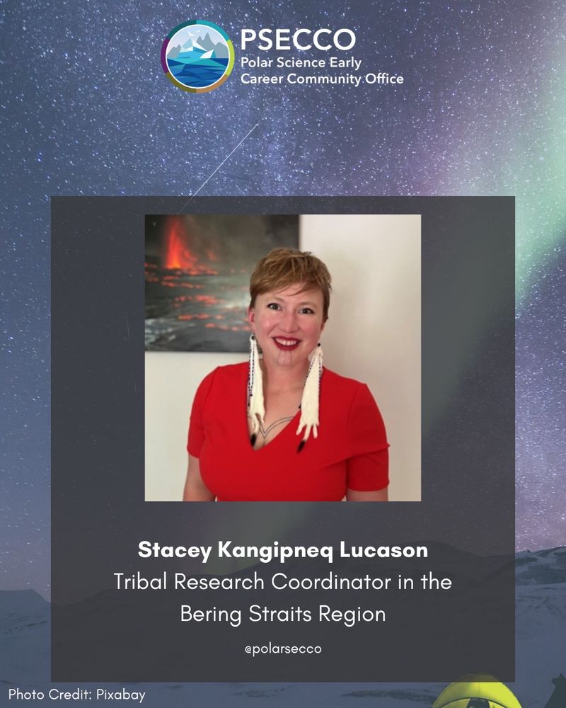 Image 3 (panelist):
 Panelist spotlight for Stacey Kangipneq Lucason, Tribal Research Coordinator in the Bering Straits Region. Polar background with starry sky.
