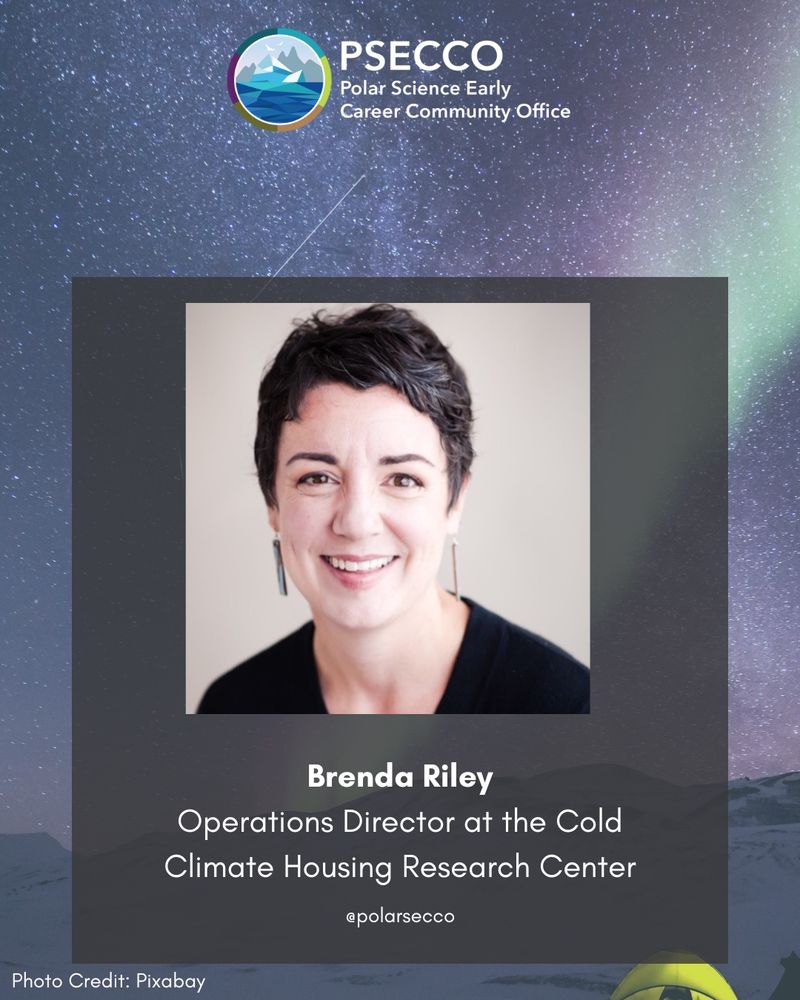 Image 4 (panelist):
 Panelist spotlight for Brenda Riley, Operations Director at the Cold Climate Housing Research Center. Polar background with starry sky.