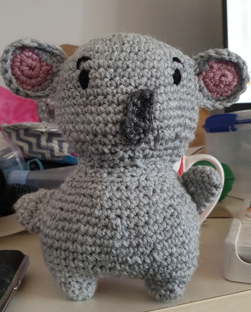 Crochet Koala grey, pink in the ears, bit wonky