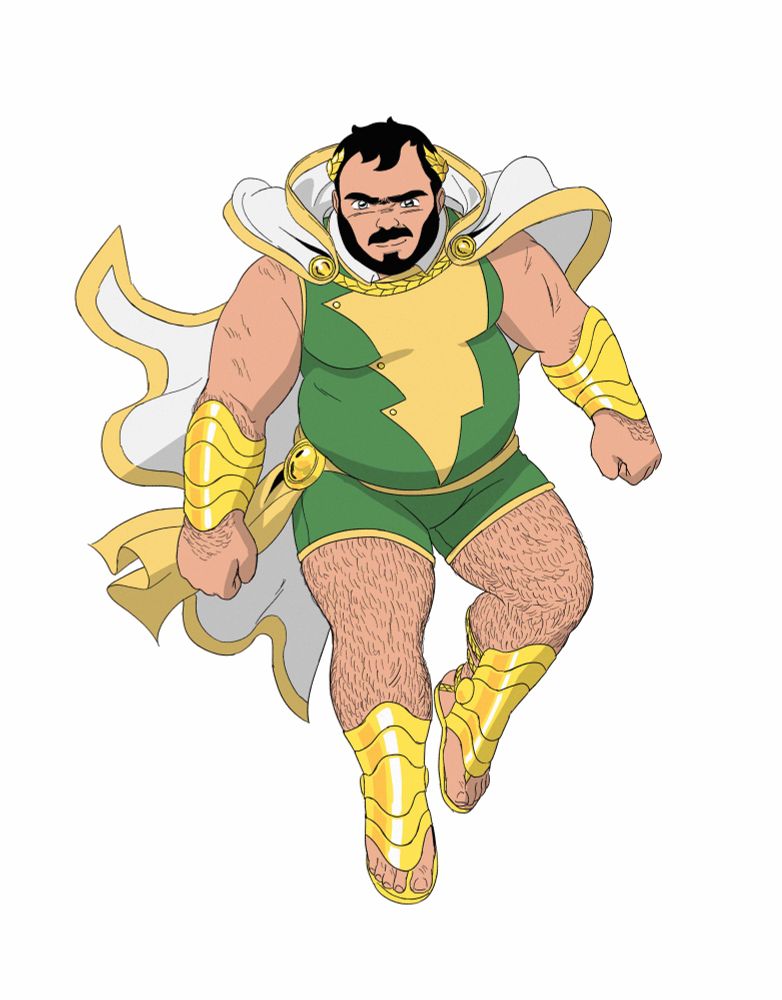 Pedro in his adult superhero form. A bearded latino gay man wearing a green suit inspired by greco-roman wrestlers, a white cape with yellow edges and golden armguards and shin pads. A golden laurel wreath sits on his head like a Grecian deity. The iconic Captain Marvel/Shazam lightning symbol on his torso acts as a buttoned waistcoat. He's hairy, fat and proud.
