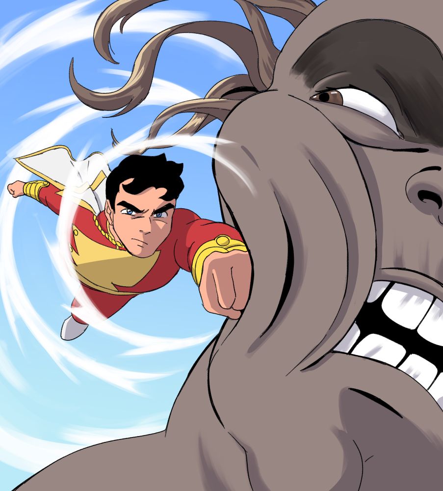 Panel from The Magical Mysteries of Shazam!: Captain Marvel punching Oog in the face.